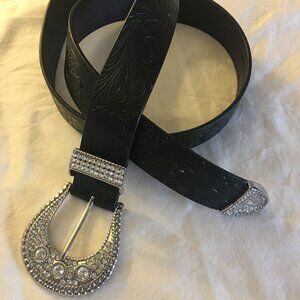 Chico's black faux leather rhinestone buckle belt